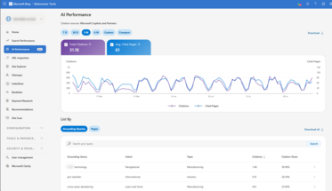 Ansicht Microsoft Bing Webmaster Tools: AI Performance (anonymisiert)
