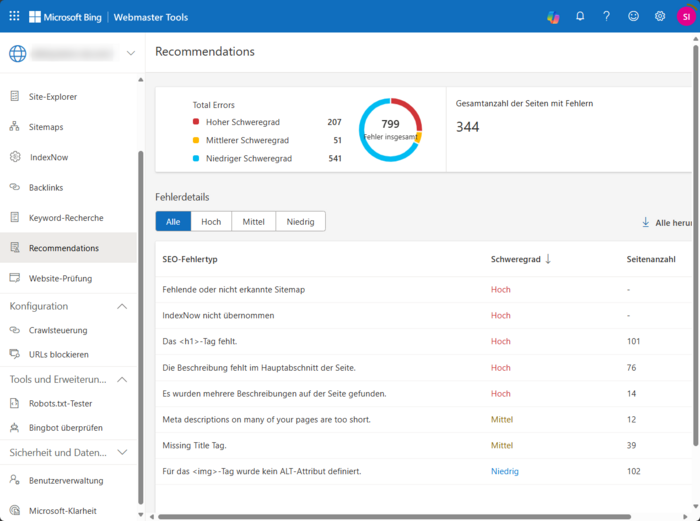 Beispielbild mit Crawlingfehlern aus den BING Webmaster Tools
