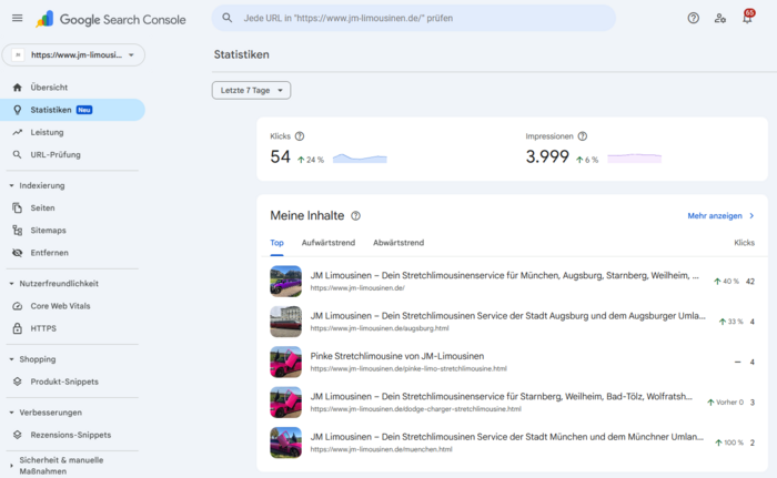 Statistik-Ansicht in der Google Search Console von der Website jm-limousinen.de