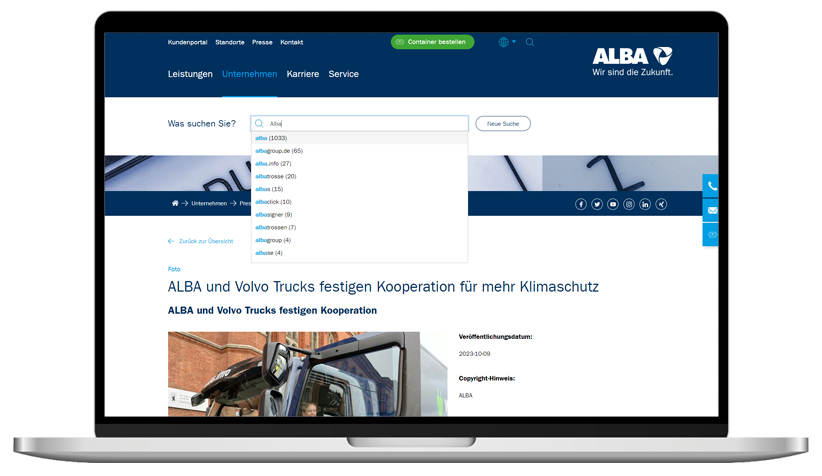 ALBA Corporate Website SOLR-Suche